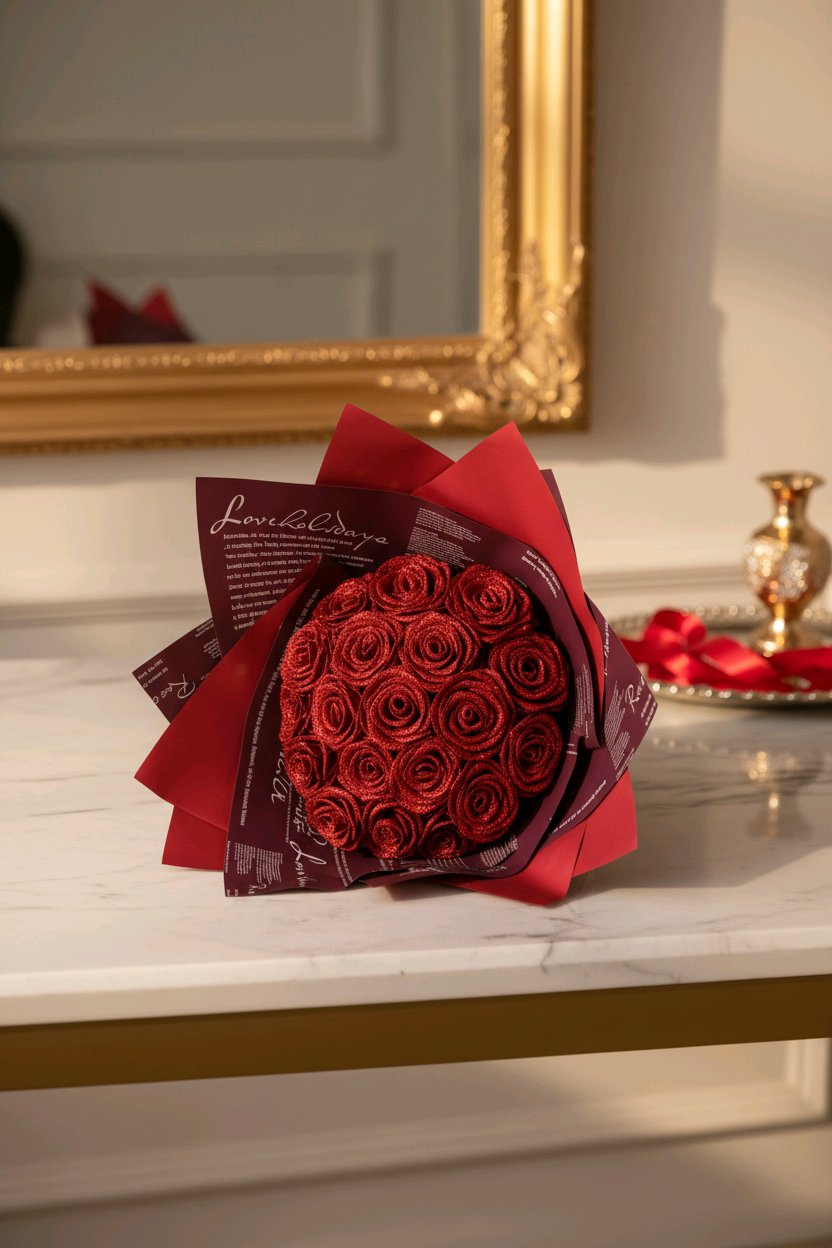 Käsintehty satiiniruusubuketti– 19 ruusua