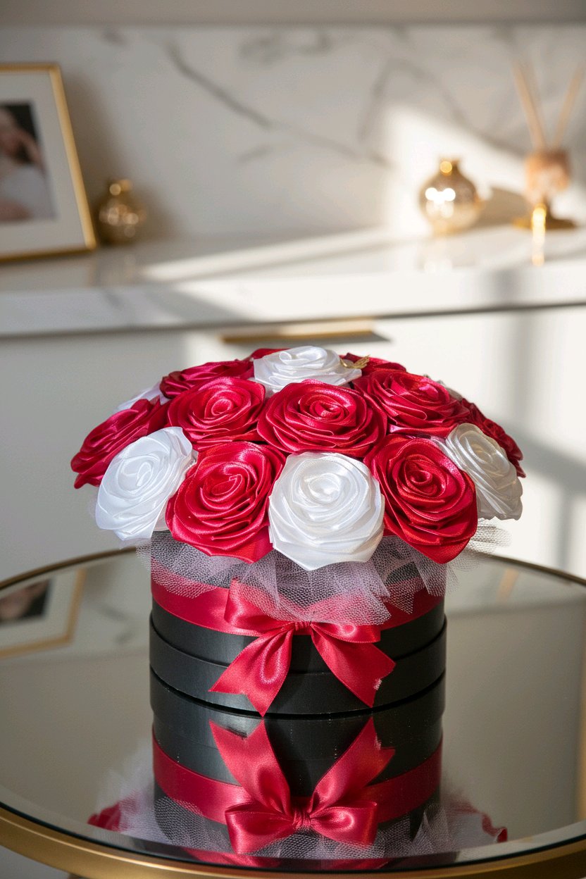 Käsintehty satiiniruusubuketti lahjaboxissa – 19 ruusua