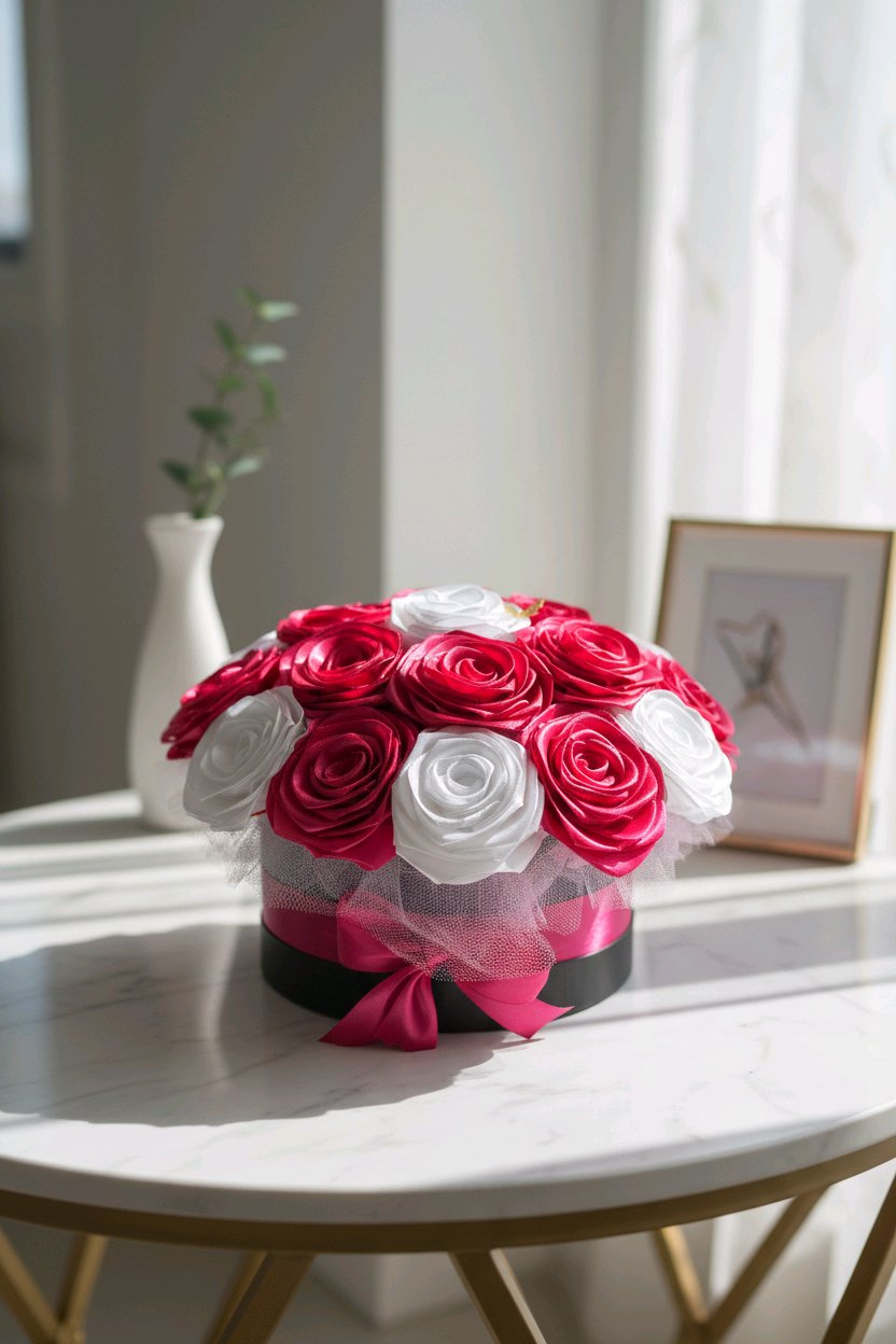 Käsintehty satiiniruusubuketti lahjaboxissa – 19 ruusua