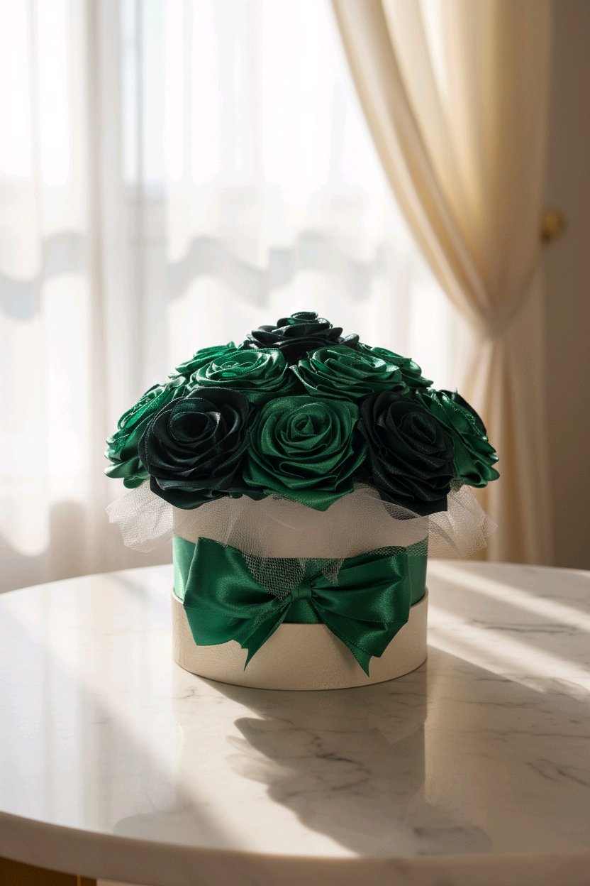 Käsintehty satiiniruusubuketti lahjaboxissa – 19 ruusua
