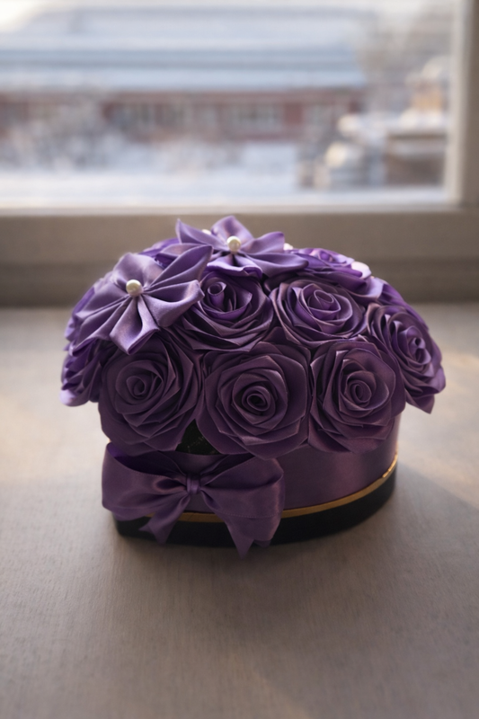 Ikuinen ruusuboksi – violetti satiiniruusuasetelma