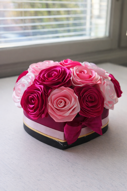 Ikuinen ruusuboksi – pinkki satiiniruusuasetelma